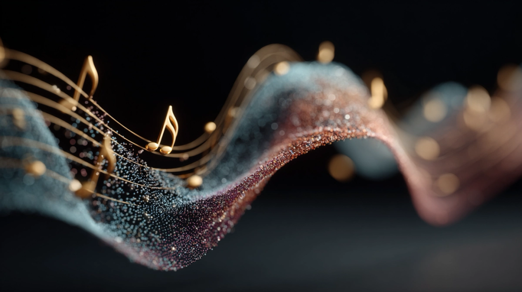 The image presents an abstract representation of sound waves, featuring small musical notes flowing along a wavy surface. The backdrop is dark, enhancing the colorful glittery texture of the sound waves.