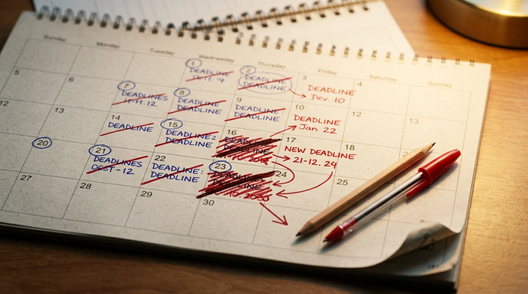 The image shows a desk calendar with the current month on display, featuring various handwritten deadlines and dates marked in blue ink. Some dates are struck through with red lines, indicating revisions, while a pencil and red pen rest atop the page, suggesting an ongoing process of schedule management and deadline adjustments.