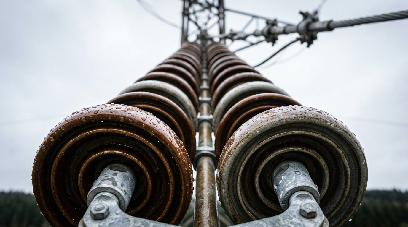 The image depicts a close-up view of a high-voltage electricity pylon insulator, showcasing stacked ceramic discs that are glazed brown and grey. Shot from below, the perspective emphasizes the cascading sizes of the discs, with rain droplets resting on their surfaces, creating a visually striking effect against a pale sky.