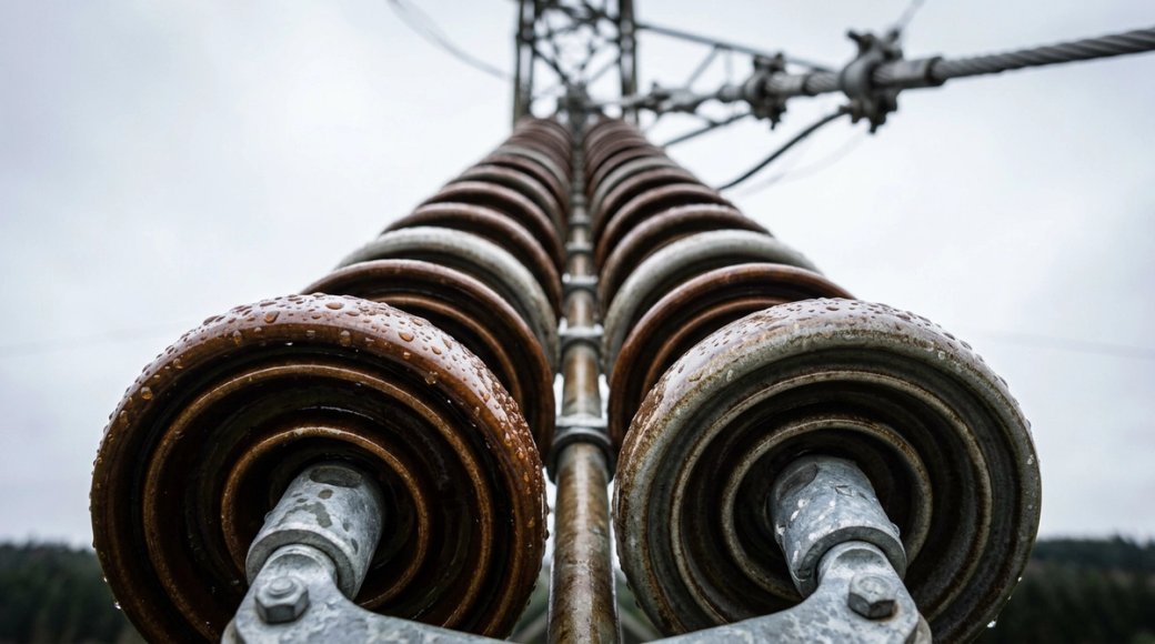 The image depicts a close-up view of a high-voltage electricity pylon insulator, showcasing stacked ceramic discs that are glazed brown and grey. Shot from below, the perspective emphasizes the cascading sizes of the discs, with rain droplets resting on their surfaces, creating a visually striking effect against a pale sky.