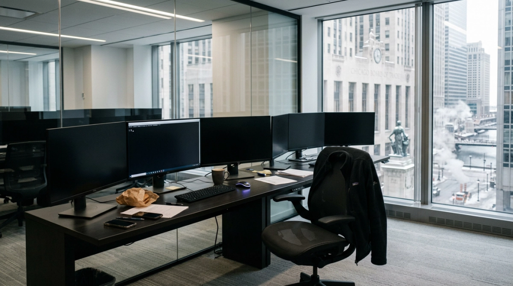 The image depicts a compact hedge fund office featuring a long desk with six ultra-wide monitors arranged in an arc. It captures a view of the Chicago Loop, showcasing the CBOT building and steam rising from street vents below, with an empty chair suggesting the recent presence of a trader.