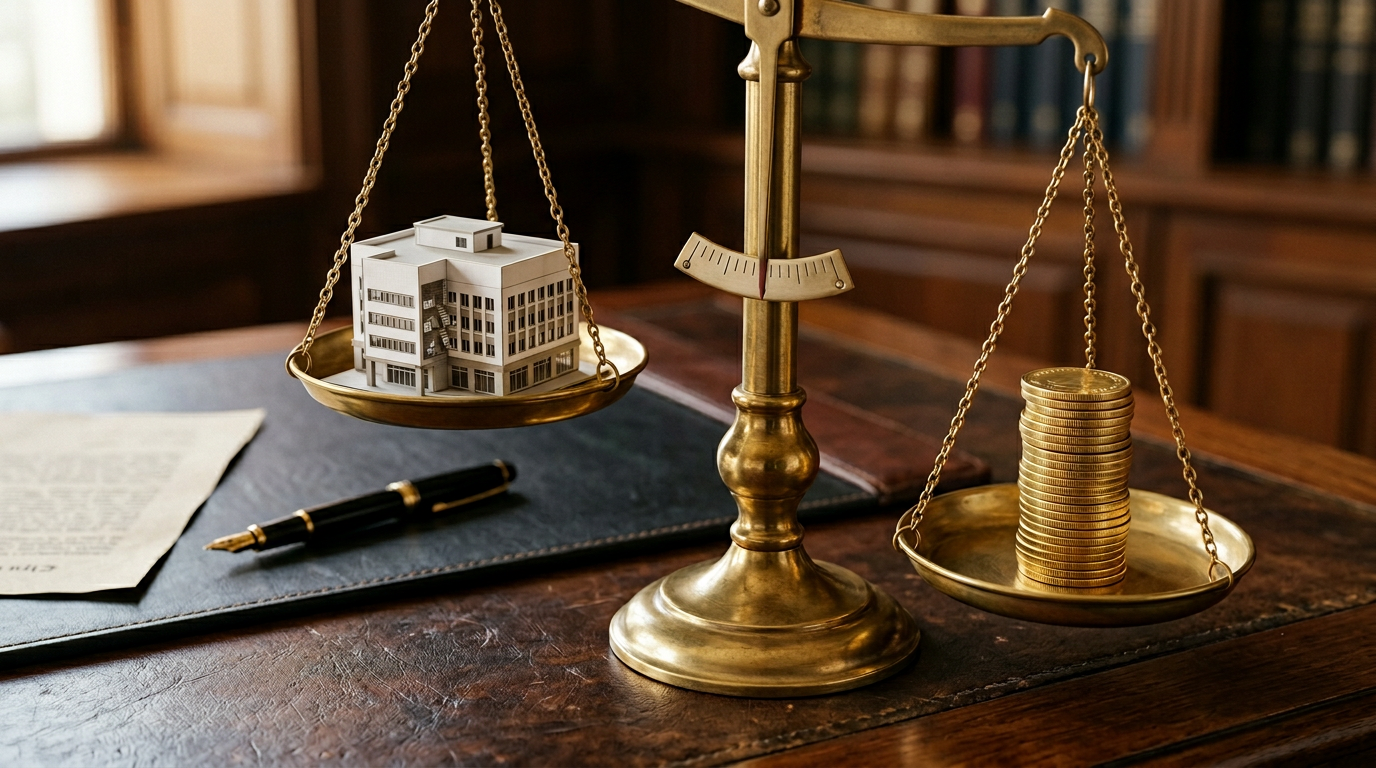 The image features a set of brass weighing scales positioned on a polished leather desk. One pan holds a miniature architectural model of a commercial building, while the other pan contains a stack of gold coins that has tipped the balance in favor of the coins. The scene is illuminated by warm side light, enhancing the textures of the brass and the coins as the model casts intricate shadows.