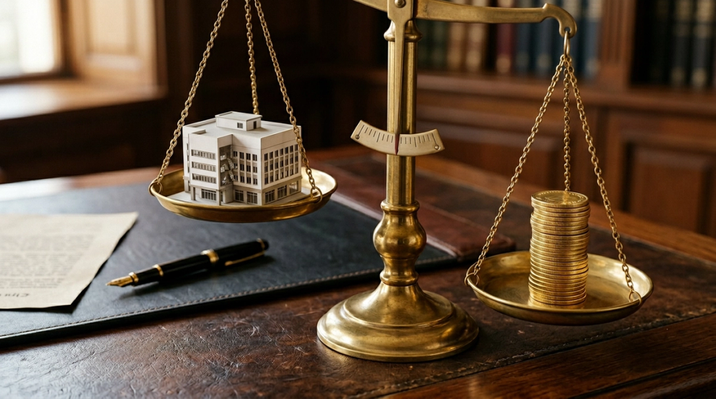 The image features a set of brass weighing scales positioned on a polished leather desk. One pan holds a miniature architectural model of a commercial building, while the other pan contains a stack of gold coins that has tipped the balance in favor of the coins. The scene is illuminated by warm side light, enhancing the textures of the brass and the coins as the model casts intricate shadows.