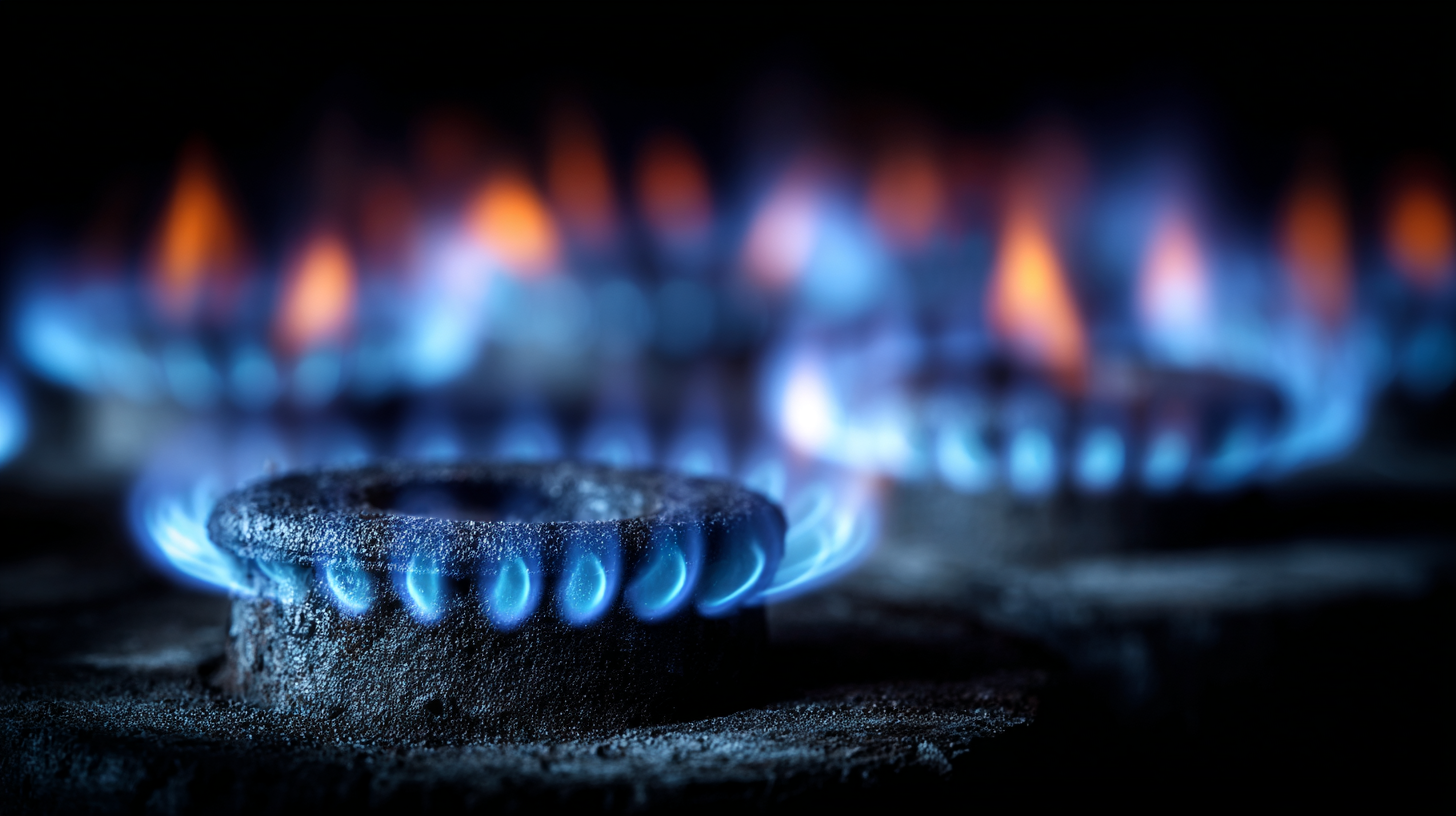 The image depicts a close-up of multiple gas burners lit, showcasing vivid blue and orange flames against a dark background. The focus on the flames highlights the intensity and heat emitted by the gas.