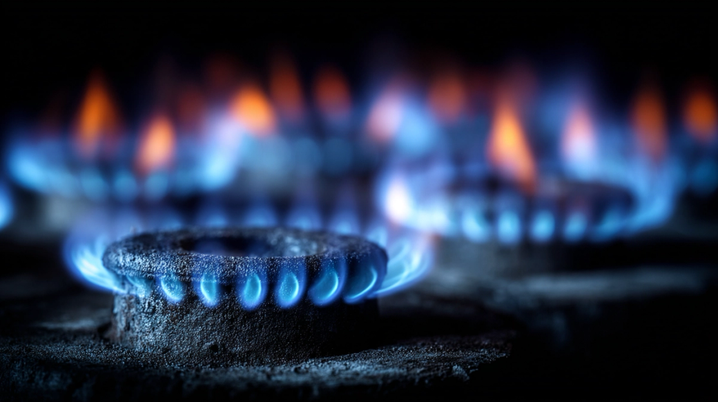 The image depicts a close-up of multiple gas burners lit, showcasing vivid blue and orange flames against a dark background. The focus on the flames highlights the intensity and heat emitted by the gas.