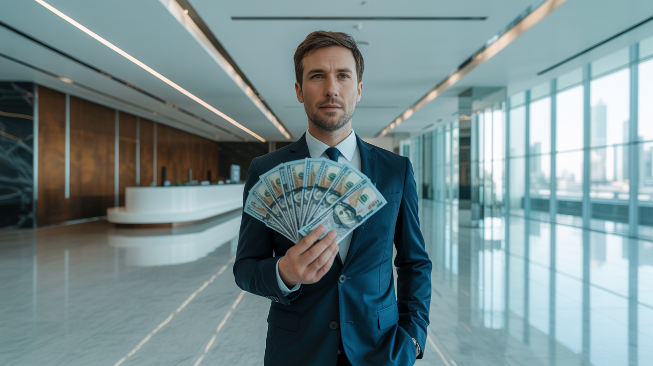 A well-dressed man stands in a modern office interior, confidently holding a stack of 100-dollar bills. The sleek design and large windows suggest a high-end financial environment.