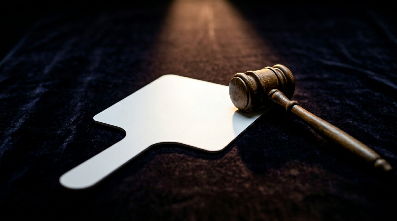 An abstract photograph features a white auction paddle placed face-up on a dark velvet surface, accompanied by a worn gavel resting on its side. A warm spotlight illuminates the paddle and gavel, highlighting their textures while casting the surroundings into shadow, creating an atmosphere of anticipation in a potential auction setting.