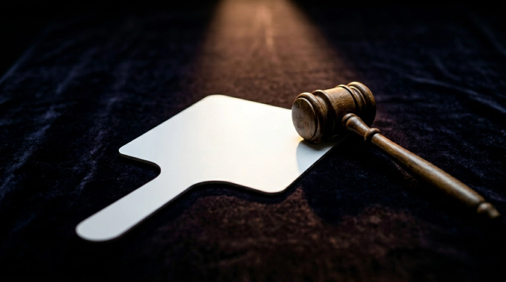 An abstract photograph features a white auction paddle placed face-up on a dark velvet surface, accompanied by a worn gavel resting on its side. A warm spotlight illuminates the paddle and gavel, highlighting their textures while casting the surroundings into shadow, creating an atmosphere of anticipation in a potential auction setting.