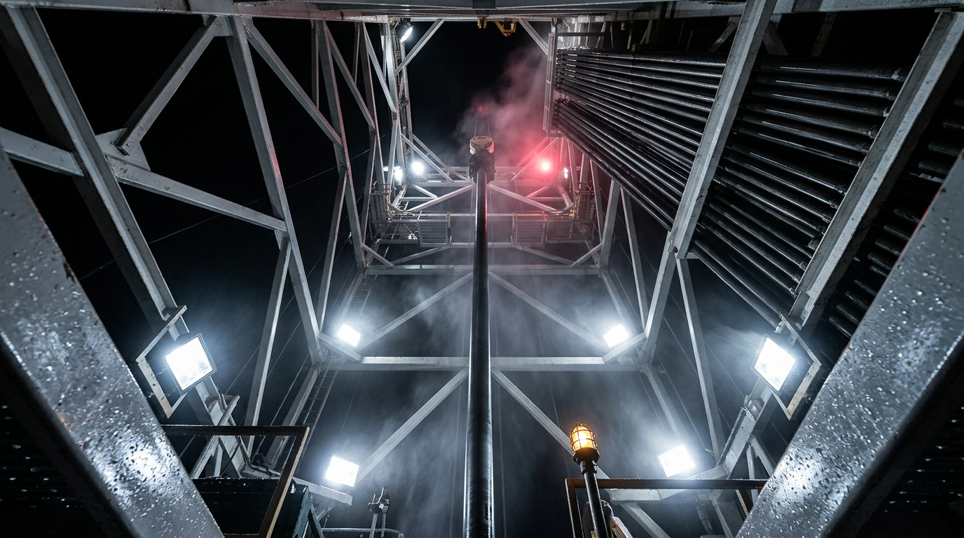 The image captures the interior of an offshore drilling derrick at night, illuminated by multiple floodlights that create a striking interplay of light and shadow. A red aviation warning light casts a soft glow, while mist from the shale shaker exhaust diffuses the light, adding a luminous haze to the scene. The rigid structure of the derrick is depicted in sharp detail, emphasizing the complexity of the industrial environment.