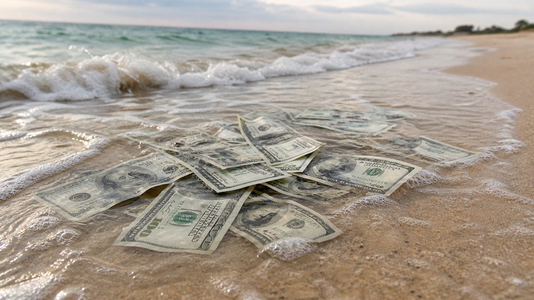 A pile of U.S. dollar bills lies partially submerged in the shallow waves of a beach. The shoreline is sandy, with gentle waves lapping at the currency, creating a contrast between money and nature.