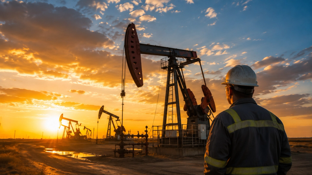 A silhouette of a worker in a hard hat observes oil drilling rigs against a dramatic sunset sky. The scene illustrates the oil extraction process in a field, highlighting both industrial activity and the natural environment.