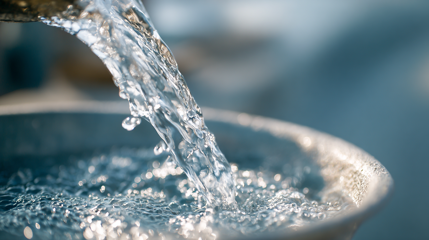The image shows a close-up of water being poured from a container into a basin, capturing the ripples and movement of the water. The background is softly focused to highlight the fluid dynamics and clarity of the water.