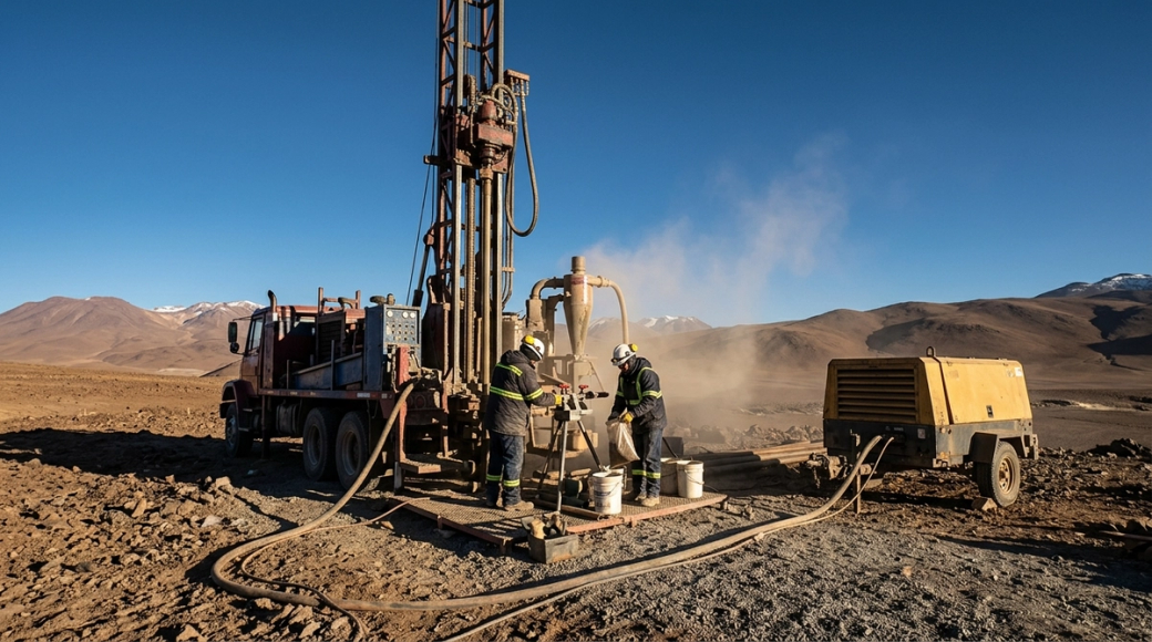 The image depicts a truck-mounted reverse circulation rig in operation on a high-altitude plateau in the Chilean Atacama Desert. Two crew members, dressed in cold-weather gear and hard hats, are seen adjusting the sample splitter while dust from the rig swirls around against a backdrop of distant brown mountains with snow-capped peaks and a clear blue sky.