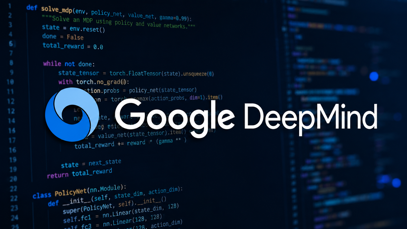 The image features a close-up view of computer code with a prominent logo of Google DeepMind. The background consists of dark, colorful lines of code that suggest a focus on artificial intelligence and machine learning development.