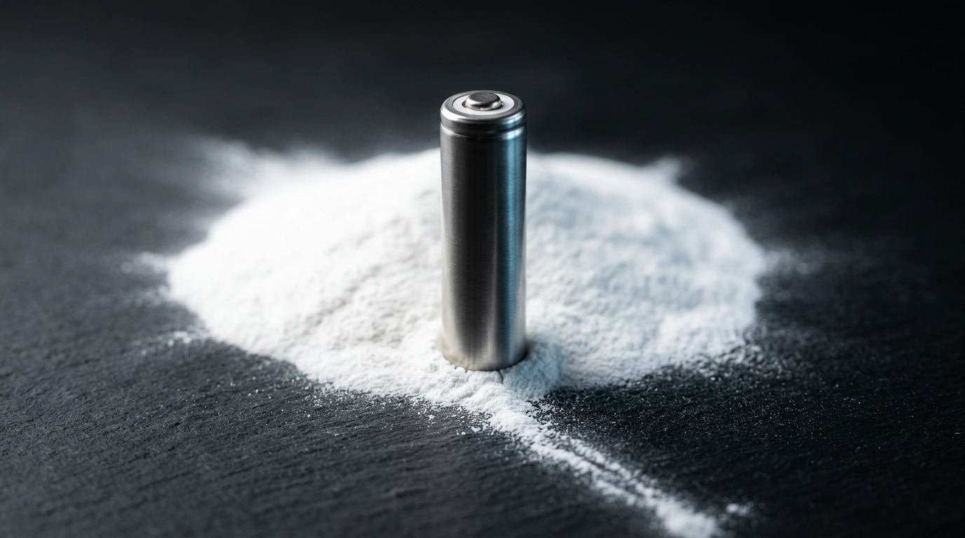 The image showcases a small mound of white lithium carbonate powder on a dark surface, with a single cylindrical lithium-ion battery cell positioned upright in the center. The stark contrast between the bright powder and the dark background emphasizes the connection between the raw material and its application in energy storage, illustrating a key component of the clean-energy supply chain.