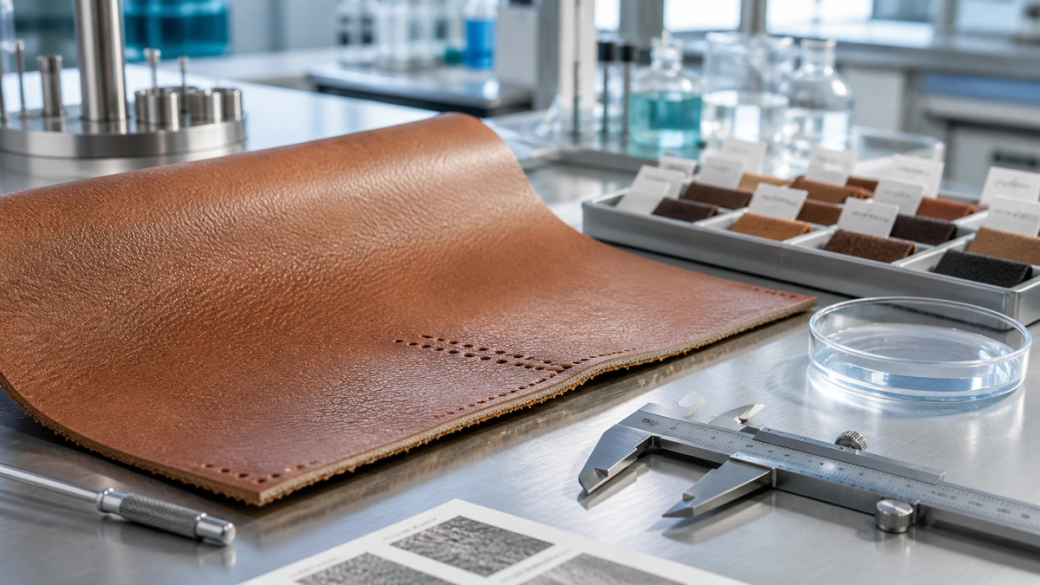 The image shows a close-up view of a work surface featuring a piece of brown leather alongside various samples of materials. Tools such as a caliper and a petri dish are also present, indicating a focus on material analysis or design.