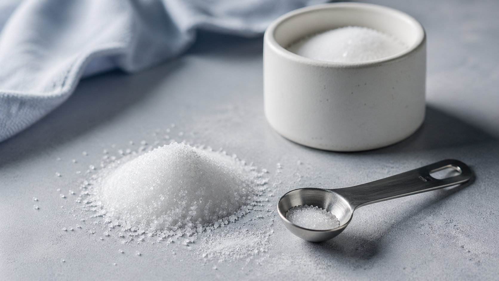 The image depicts a small pile of white granulated sugar on a gray countertop, with a measuring spoon beside it. A white ceramic dish containing more sugar is also visible in the background, along with a soft blue cloth.