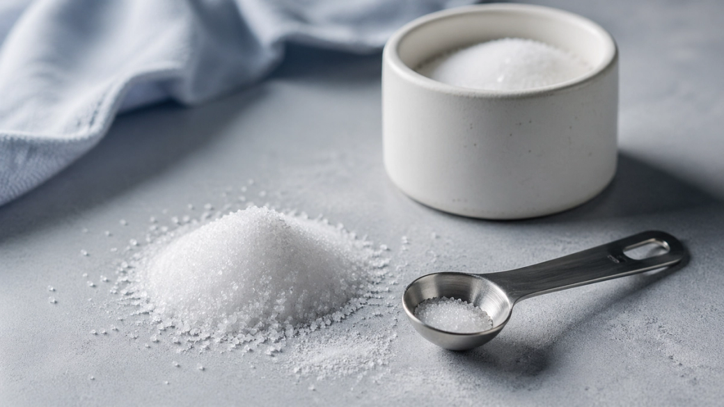 The image depicts a small pile of white granulated sugar on a gray countertop, with a measuring spoon beside it. A white ceramic dish containing more sugar is also visible in the background, along with a soft blue cloth.