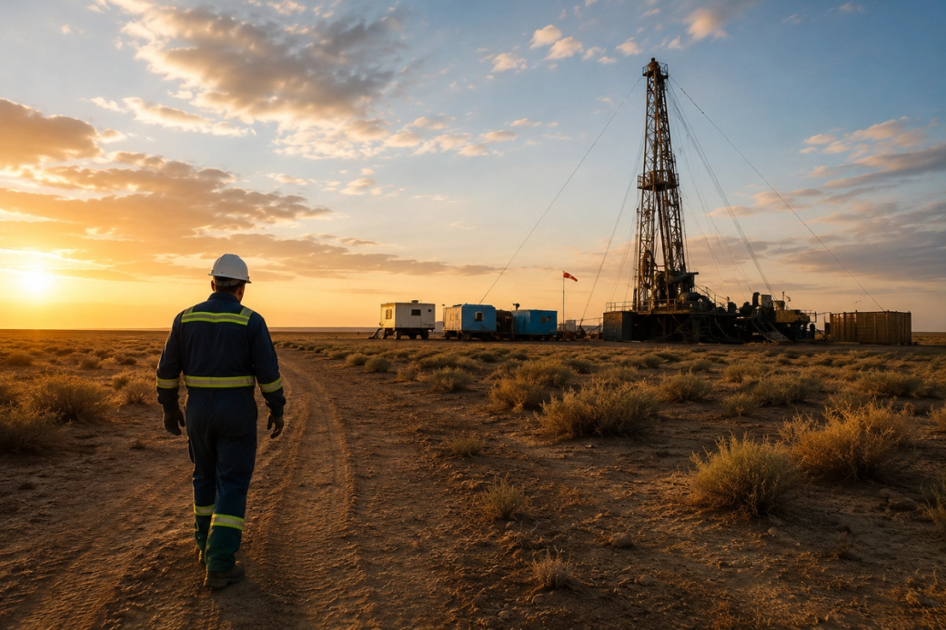 A worker in a blue and yellow uniform walks along a dirt path towards a drilling rig during sunset. The scene captures the broad, open landscape with equipment and trailers visible in the background.