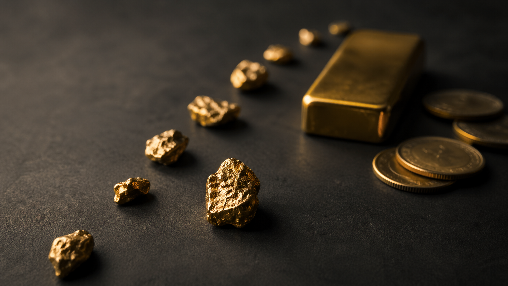 The image showcases various pieces of gold, including nuggets and a gold bar, arranged on a dark surface. A few coins are placed beside the gold bar, highlighting the value of precious metals.
