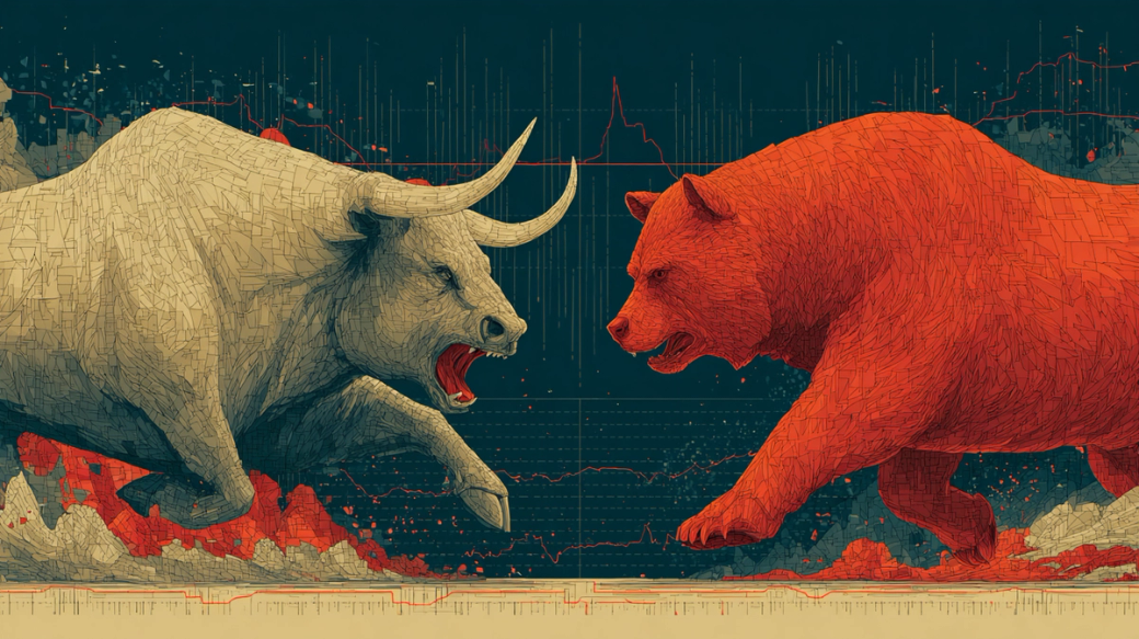 The image depicts a dynamic confrontation between a bull and a bear, symbolizing the conflict between market optimism and pessimism. The background features a stylized financial graph, highlighting concepts of trading and market fluctuations.