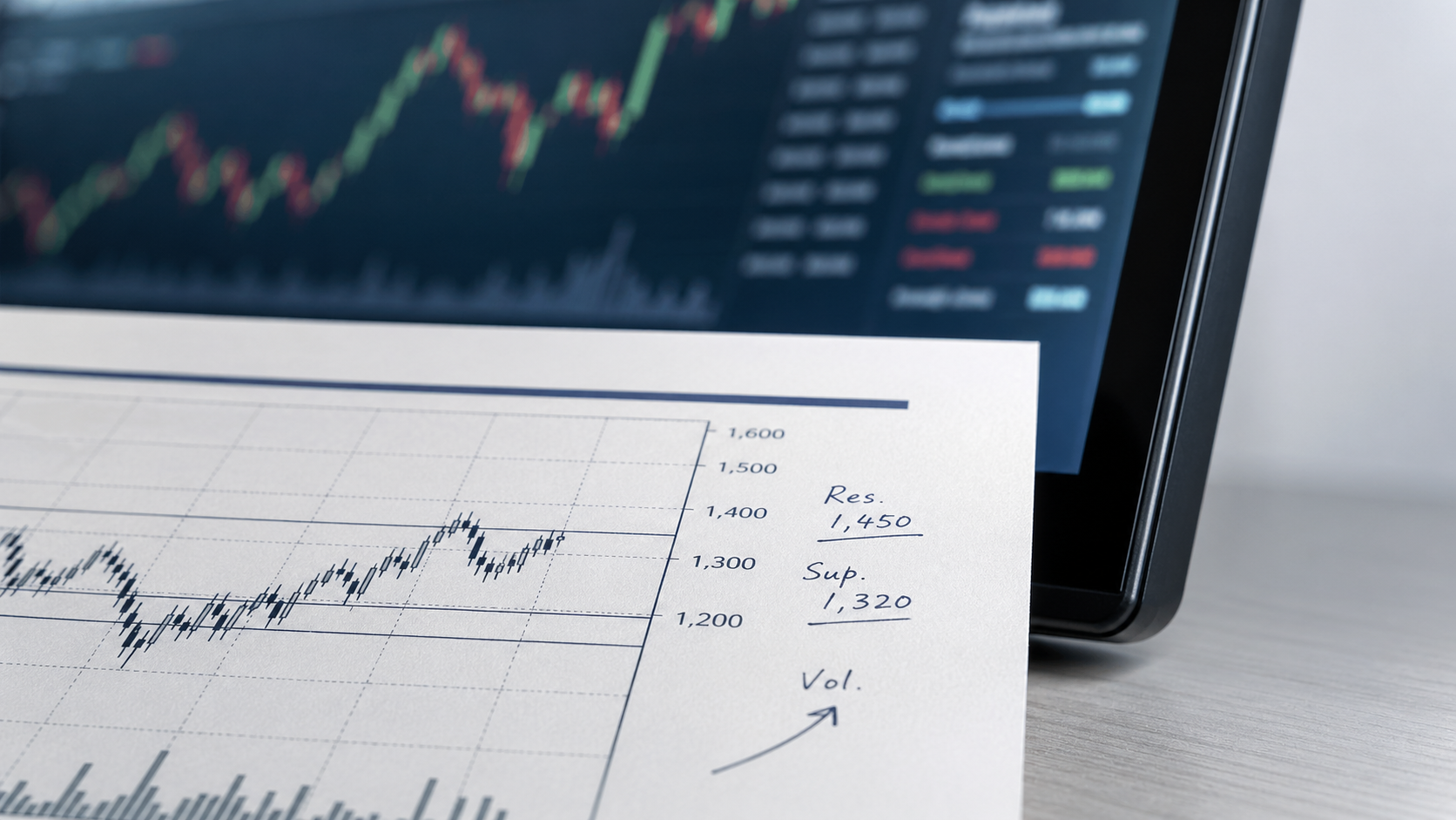 The image displays a close-up of a financial chart on a printed sheet alongside a digital display of stock market data. The background features a trading interface with fluctuating stock prices and graphs.
