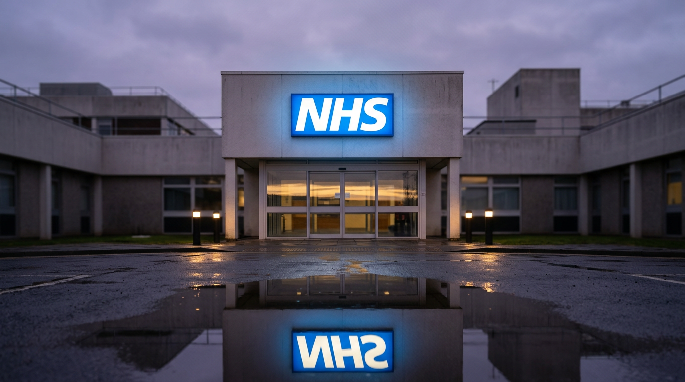 The image depicts the entrance of an NHS building at dusk, with the illuminated NHS logo prominently displayed against the grey concrete facade. The glass automatic doors reflect the fading sunlight, while the rain-slicked forecourt creates a mirror effect of the glowing sign, contributing to a sense of calm institutional presence.