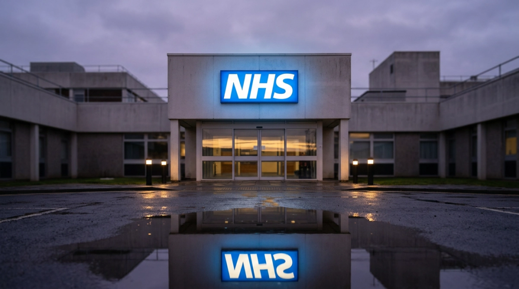 The image depicts the entrance of an NHS building at dusk, with the illuminated NHS logo prominently displayed against the grey concrete facade. The glass automatic doors reflect the fading sunlight, while the rain-slicked forecourt creates a mirror effect of the glowing sign, contributing to a sense of calm institutional presence.
