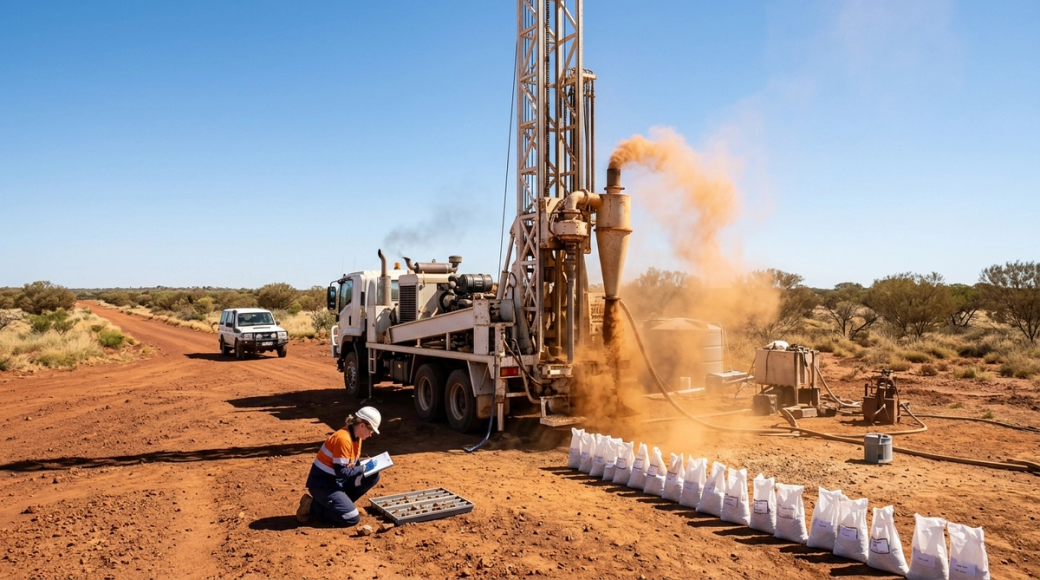 The image depicts a truck-mounted reverse circulation drill rig operating in the semi-arid Australian outback, with a tall hydraulic mast and a cyclone dust separator releasing dust as it discharges cuttings into sample bags lined on the ground. A geologist, dressed in high-visibility clothing, kneels beside the sample bags, meticulously logging the drill chips into a tray, highlighting the active site of mineral exploration in a remote area.