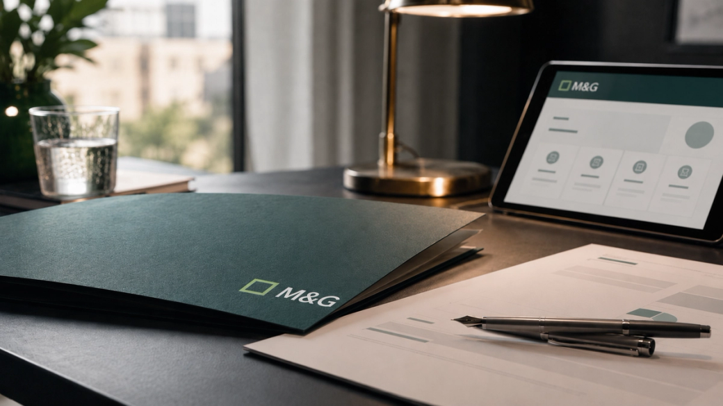 The image depicts a modern workspace featuring a dark desk with a stack of green folders labeled 'M&G', a glass of water, and a tablet displaying a user interface. The workspace is well-lit, suggesting an organized and professional environment.