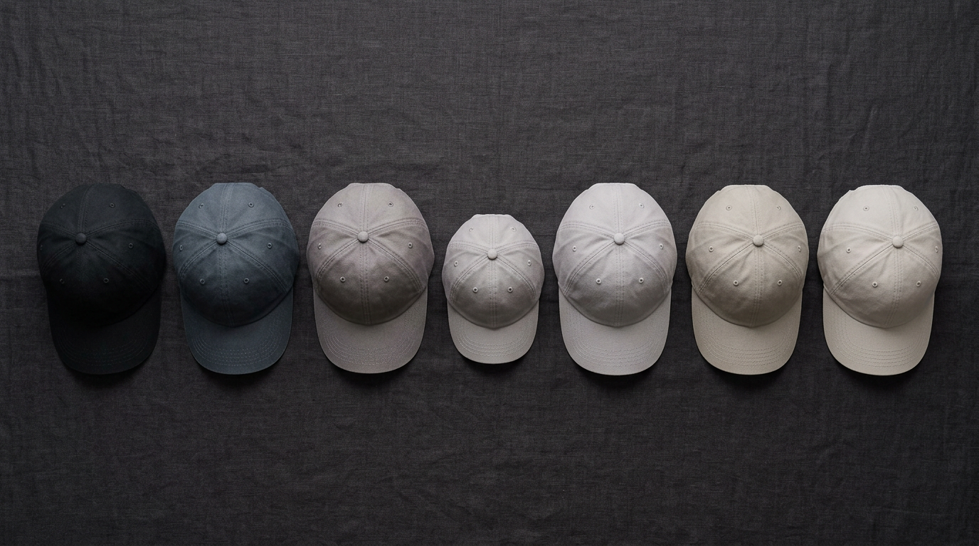 The image features a flat-lay arrangement of seven baseball caps placed brim-down on a dark charcoal linen surface. The caps are unstructured six-panel designs in a tonal gradient, transitioning from near-black to pale warm grey, with a miniature child's cap creating a visual dip among the adult-sized caps, enhancing the disciplined composition.