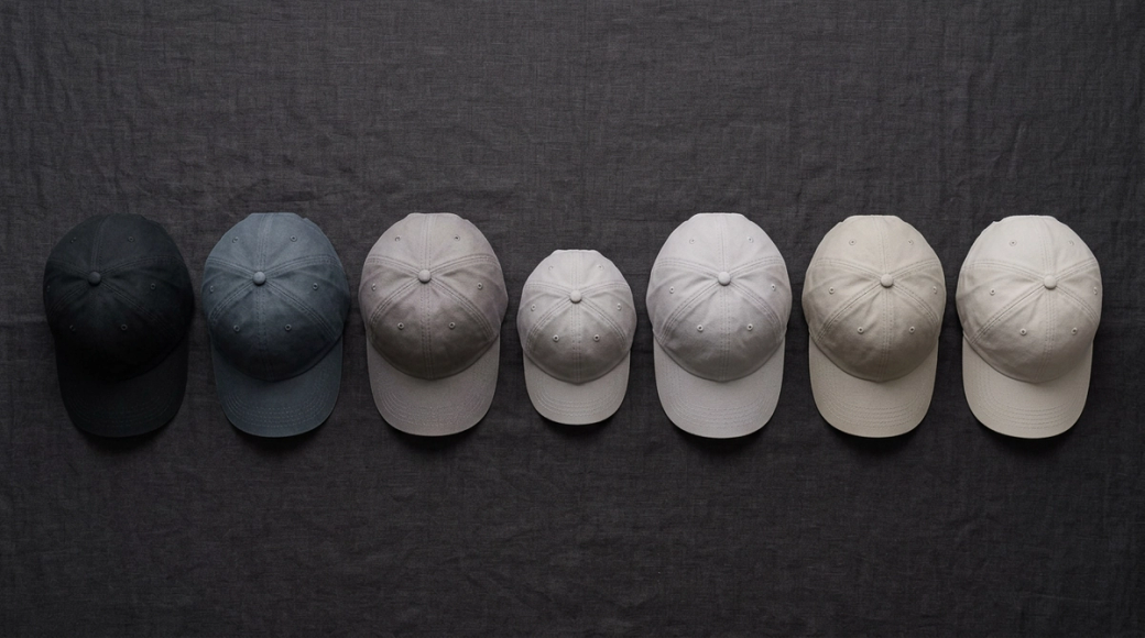 The image features a flat-lay arrangement of seven baseball caps placed brim-down on a dark charcoal linen surface. The caps are unstructured six-panel designs in a tonal gradient, transitioning from near-black to pale warm grey, with a miniature child's cap creating a visual dip among the adult-sized caps, enhancing the disciplined composition.