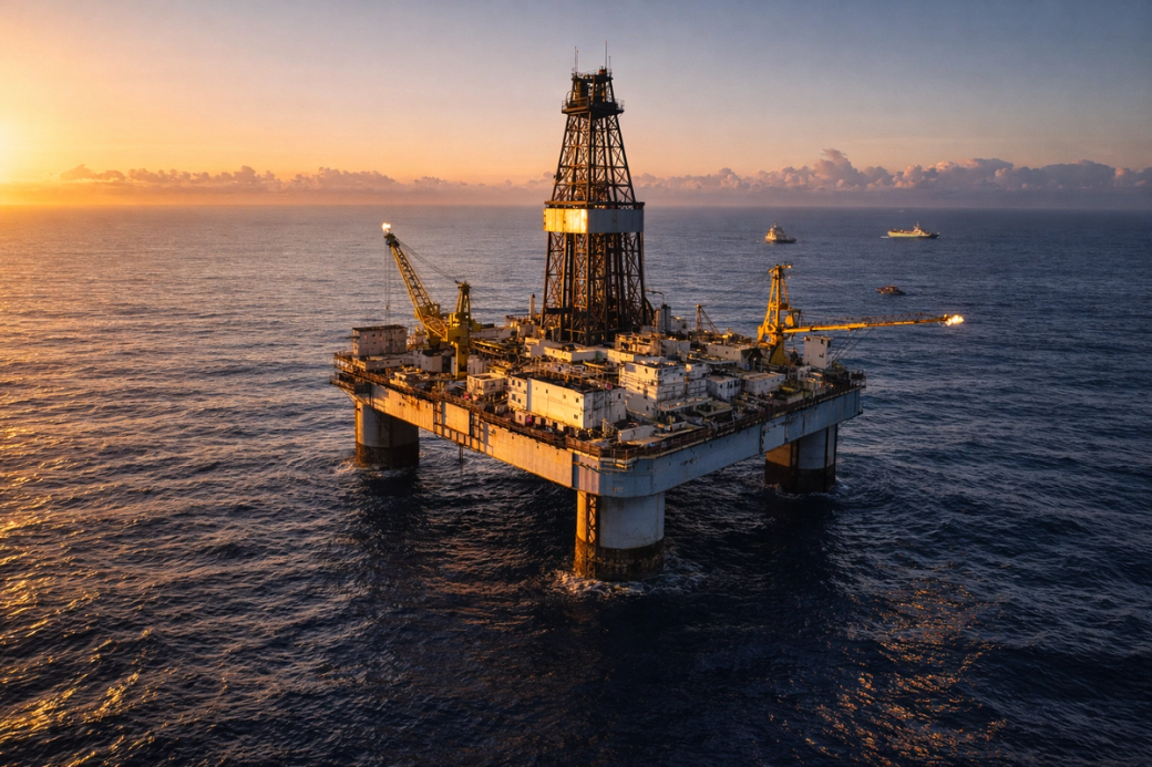 The image shows an offshore oil drilling rig situated in the ocean during sunset. The rig is partially illuminated by the warm glow of the setting sun, adding a dramatic backdrop to the industrial structure.