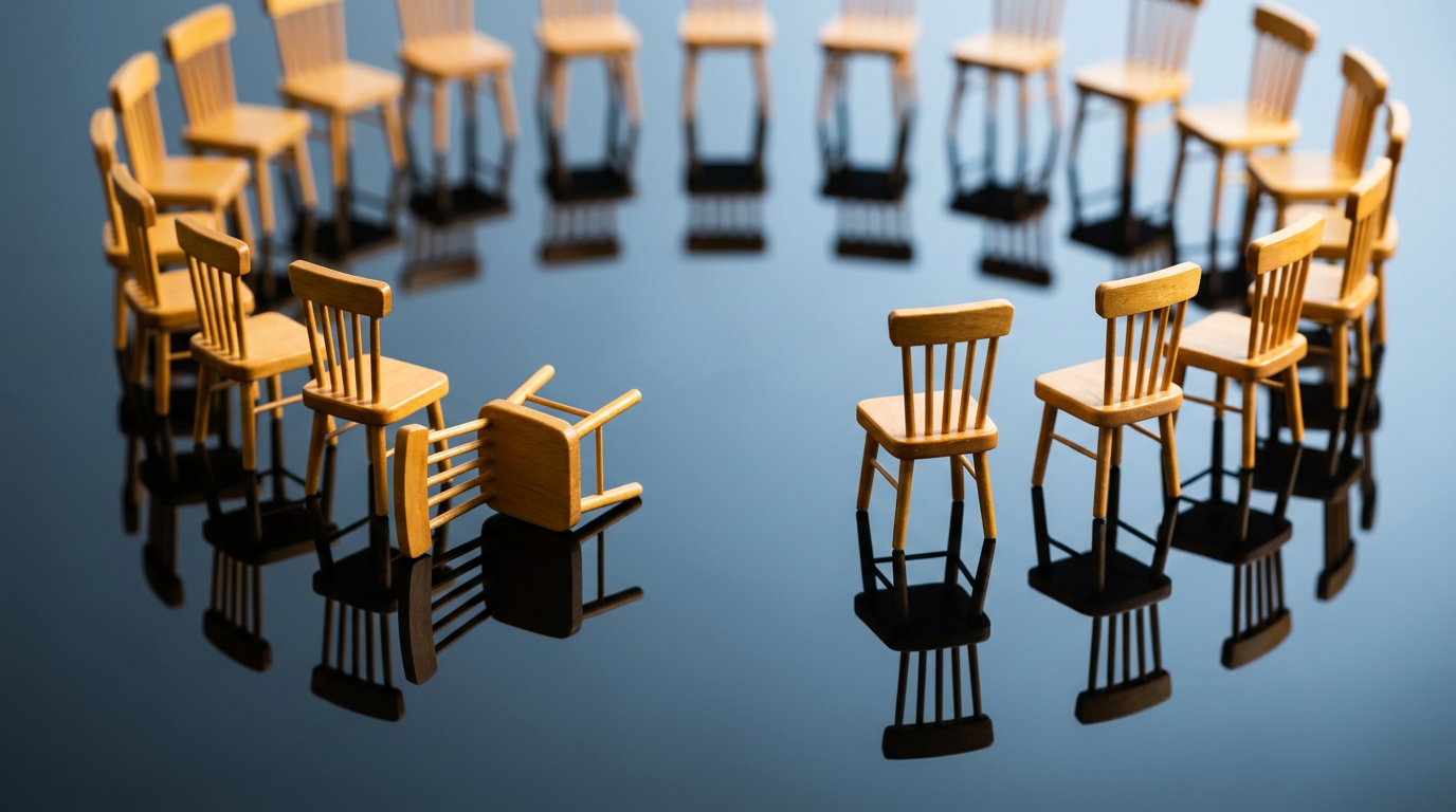 The image features a circular arrangement of miniature wooden chairs on a reflective dark glass surface, with one chair tipped over at the edge of the circle. The warm honey tones of the wood contrast sharply against the black backdrop, enhancing the visual impact of the precise shadows cast by each chair. This composition evokes themes of governance and the idea of a disrupted order, as represented by the conspicuous gap left by the fallen chair.