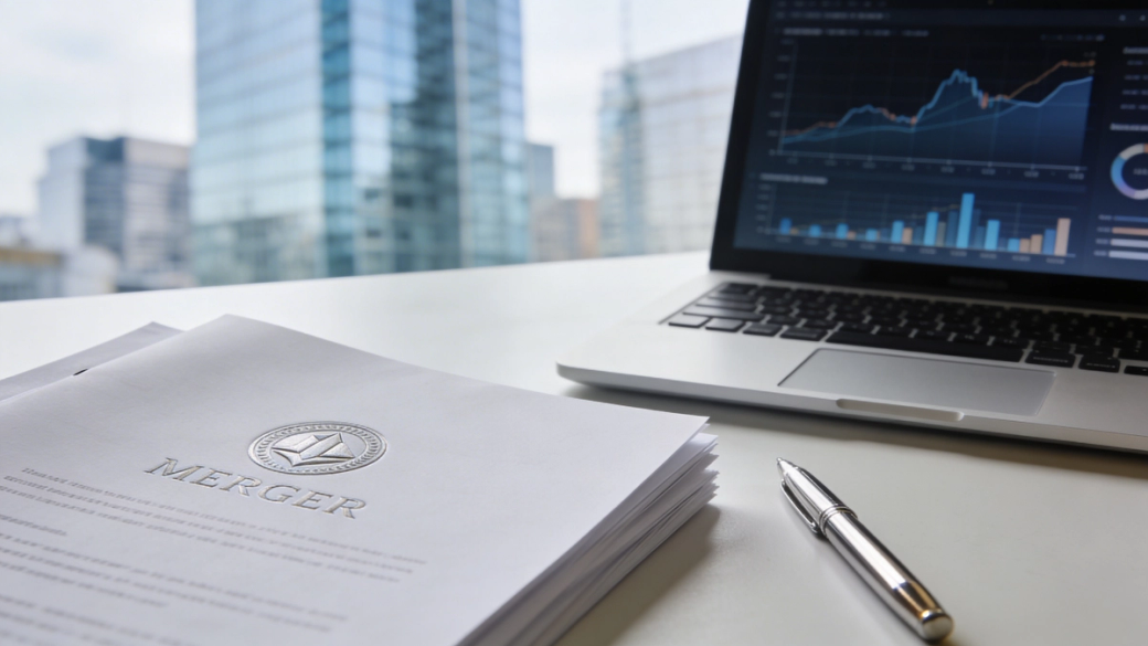 The image shows a close-up of legal documents titled 'MERGER' alongside a laptop displaying financial data and graphs. The background features a modern cityscape with glass buildings, suggesting a corporate setting.