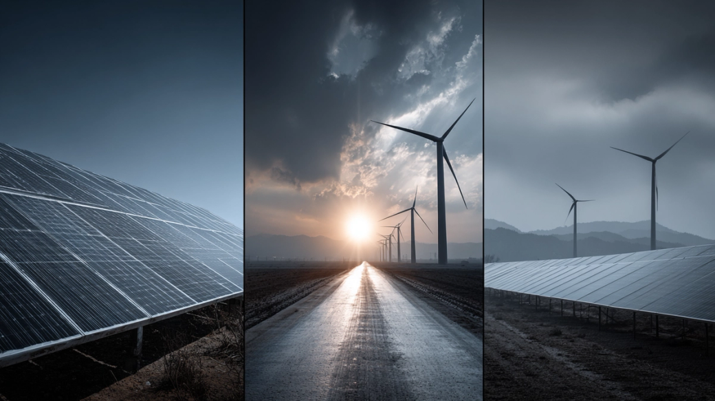The image features a split view showcasing renewable energy sources, specifically solar panels on the left and wind turbines on the right. A sunlit pathway leads towards the horizon, highlighting the growing significance of clean energy in modern landscapes.