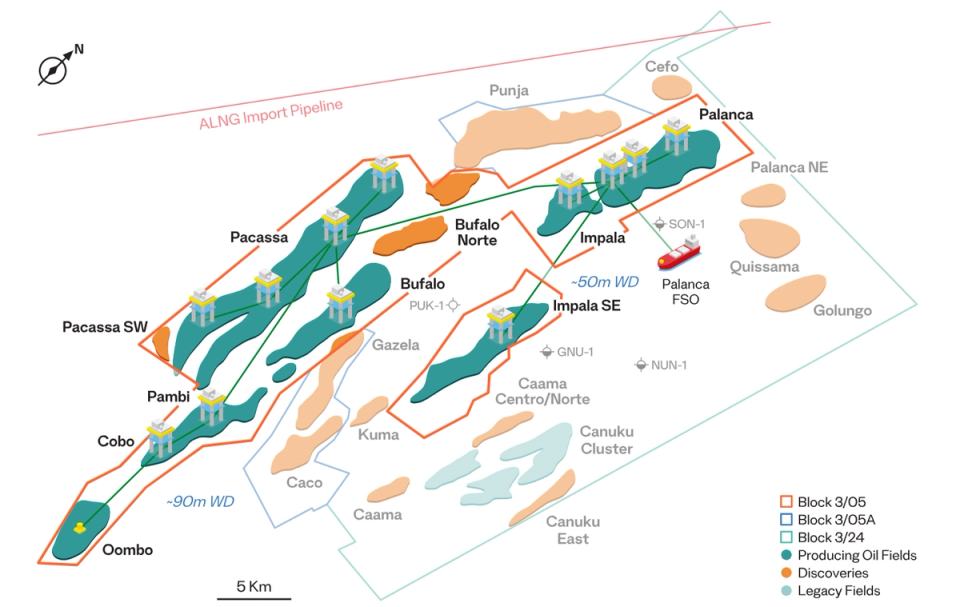 The image is a detailed map displaying various oil block locations and fields, illustrating the layout of the ALNG Import Pipeline. Specific areas such as Pacassa, Buffalo, and Impala are marked, along with surrounding geographical features.