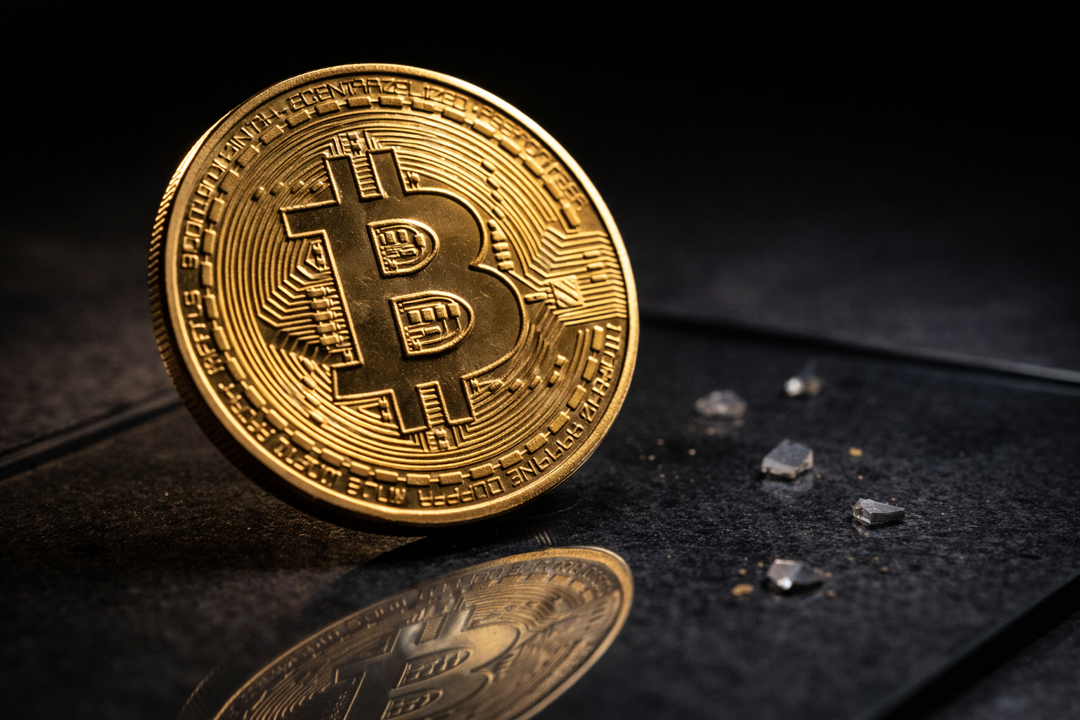 The image features a close-up of a physical Bitcoin, prominently displayed on a reflective surface. Surrounding the coin are small, scattered crystals, creating an artistic and moody atmosphere.