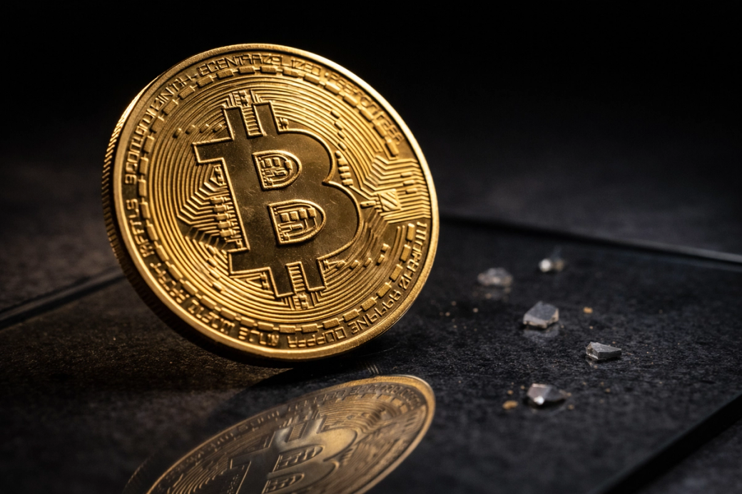 The image features a close-up of a physical Bitcoin, prominently displayed on a reflective surface. Surrounding the coin are small, scattered crystals, creating an artistic and moody atmosphere.