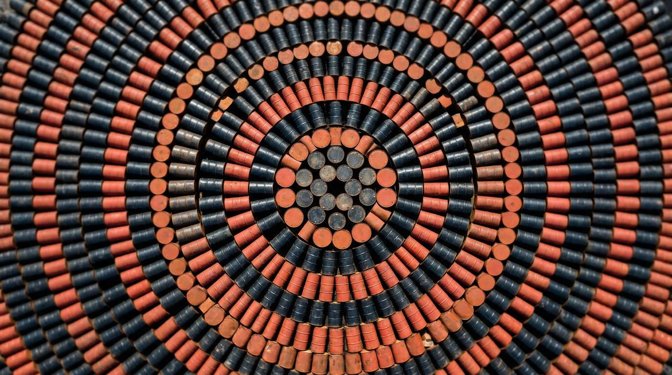 The image features an abstract aerial perspective of a vast storage yard filled with oil drums arranged in intricate concentric circles. The alternating black and rust-red barrels create a mesmerizing radial pattern, casting bright rims in the midday sunlight and forming deep shadows in the narrow gaps, suggesting a large-scale commodity storage environment.