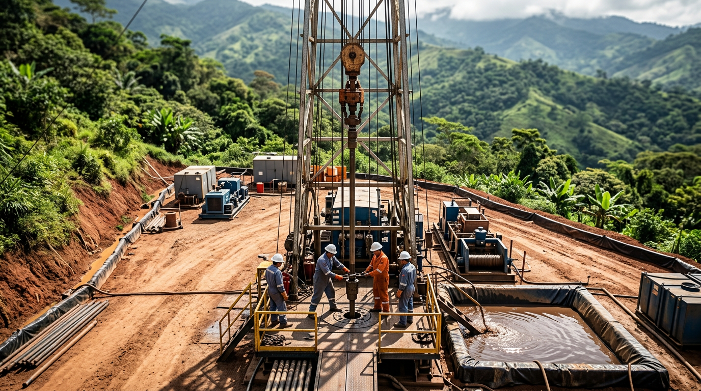 The image shows a mid-size land drilling rig situated on a compacted earth pad surrounded by containment berms, set against a backdrop of dense tropical vegetation in the Colombian highlands. A crew of four in flame-retardant coveralls is actively working on the rig floor, with mud return flowing into a lined sump nearby, all depicted under bright midday sunlight.
