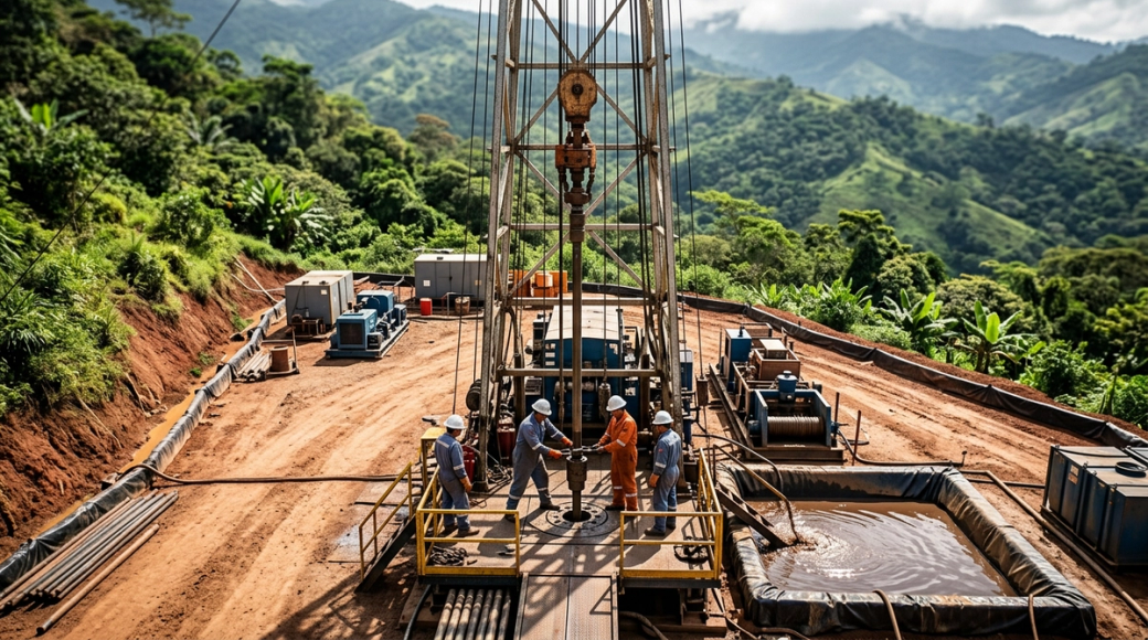 The image shows a mid-size land drilling rig situated on a compacted earth pad surrounded by containment berms, set against a backdrop of dense tropical vegetation in the Colombian highlands. A crew of four in flame-retardant coveralls is actively working on the rig floor, with mud return flowing into a lined sump nearby, all depicted under bright midday sunlight.