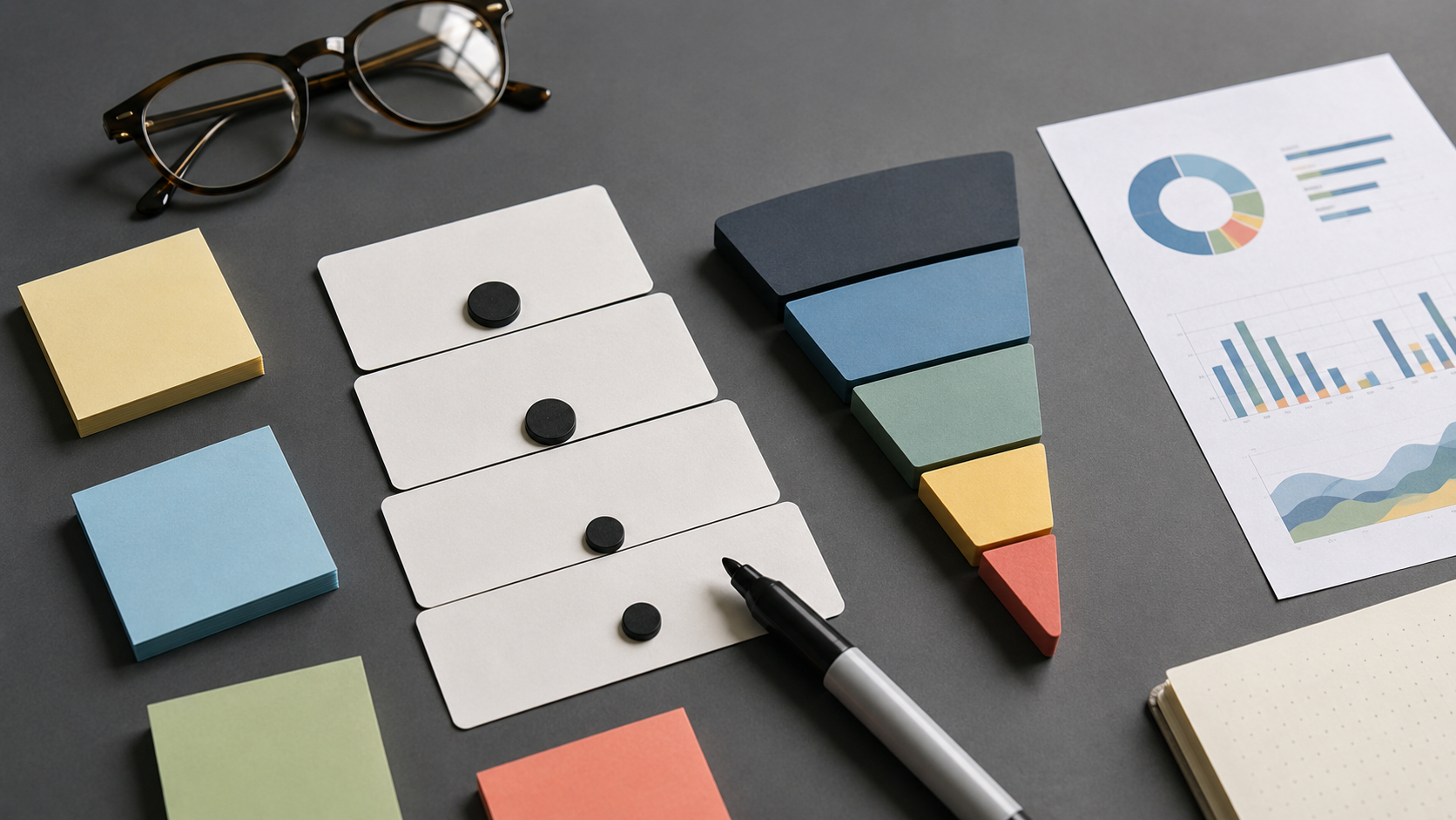 The image depicts a workspace featuring colorful sticky notes, a black pen, and various data visualizations such as charts and graphs. Eyeglasses are placed nearby, suggesting a focus on planning or analysis.