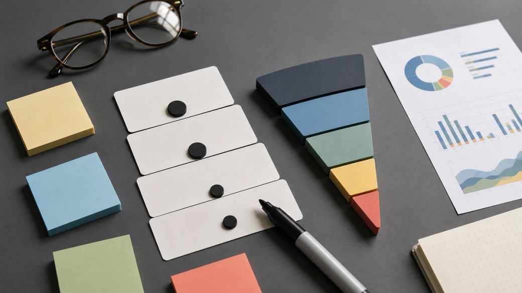 The image depicts a workspace featuring colorful sticky notes, a black pen, and various data visualizations such as charts and graphs. Eyeglasses are placed nearby, suggesting a focus on planning or analysis.