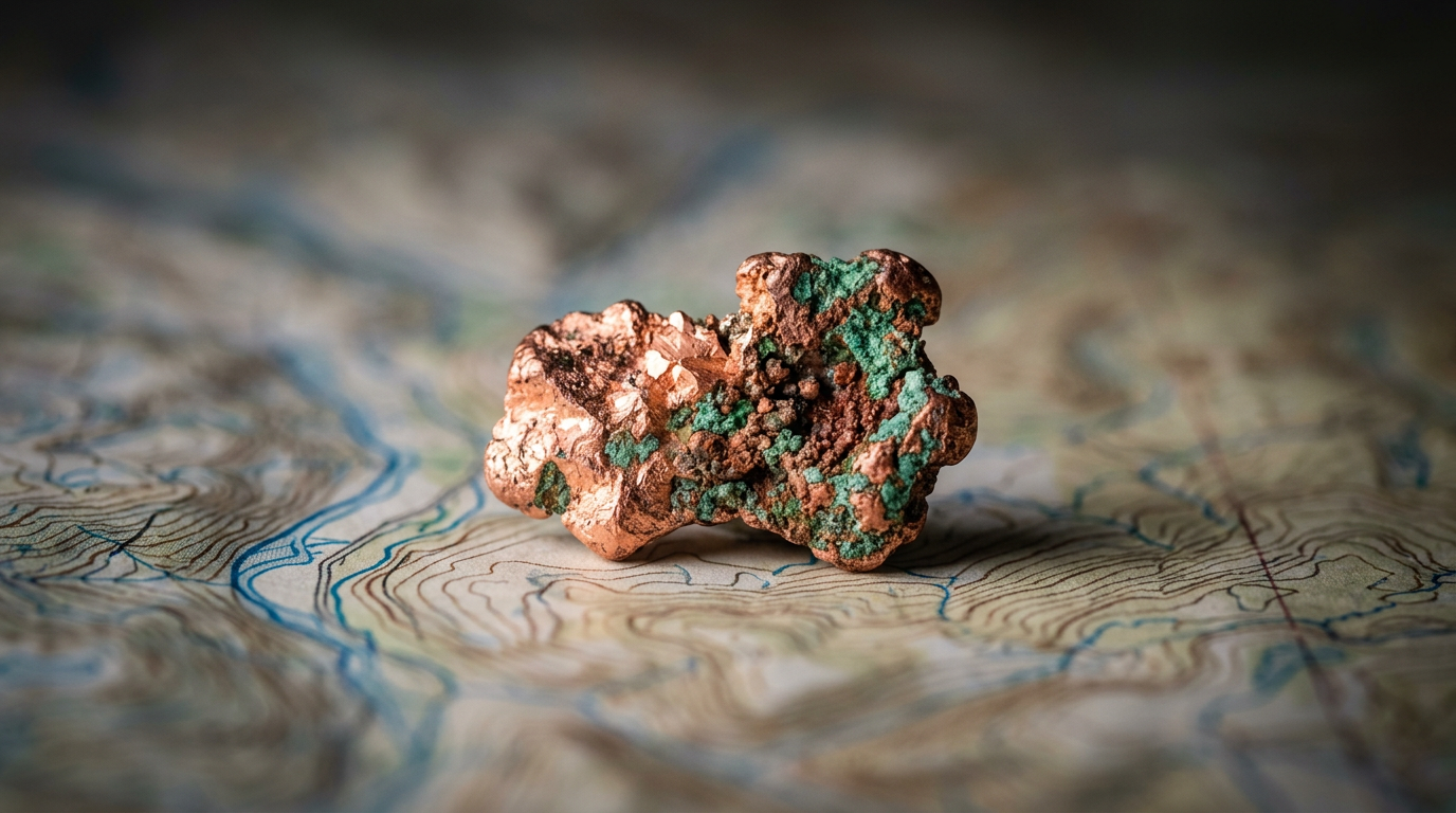 The image features a piece of native copper displayed on a topographic map. The copper nugget, with its metallic sheen and green oxidation, contrasts against the detailed lines of elevation on the map.