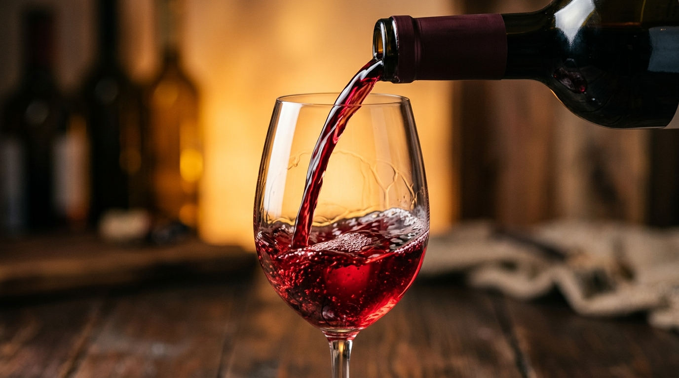 The image features a close-up of red wine being poured into a glass, capturing the rich ruby liquid as it swirls into the glass. The warm amber light in the background enhances the wine's translucent quality, while the focus remains on the dynamic movement of the pouring wine and the delicate surface tension in the glass.