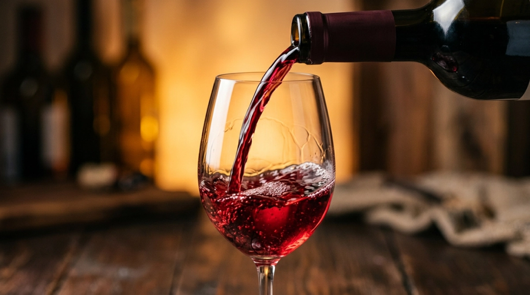 The image features a close-up of red wine being poured into a glass, capturing the rich ruby liquid as it swirls into the glass. The warm amber light in the background enhances the wine's translucent quality, while the focus remains on the dynamic movement of the pouring wine and the delicate surface tension in the glass.