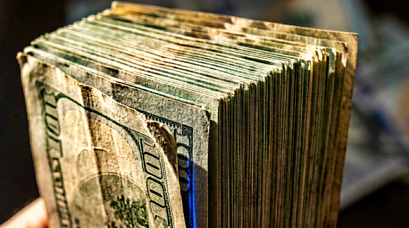 The image features a close-up of a tightly fanned stack of U.S. hundred-dollar bills, captured edge-on to reveal the layers and texture of the notes. The warm side lighting accentuates the intricate details, including the ridged printing and the translucent edges of the outer bills, while a single bill, slightly pulled forward and dog-eared, adds to the tactile quality of the composition.