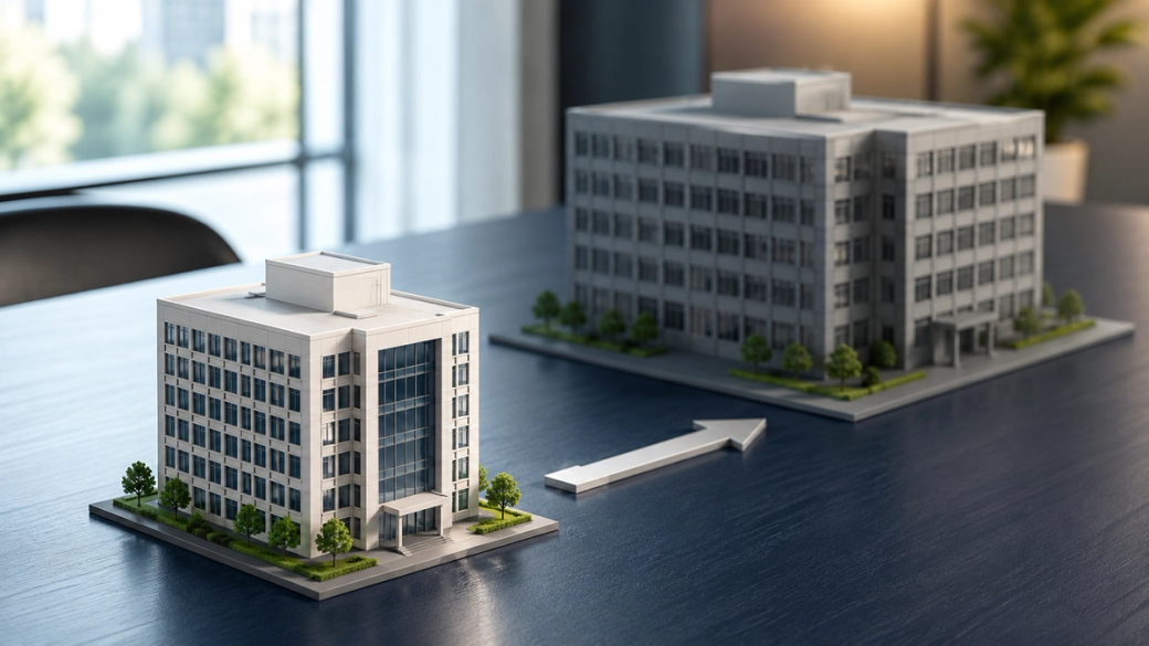 The image features a scale model comparison between two modern office buildings placed on a table. One model is slightly larger than the other, indicating a planned expansion or development.