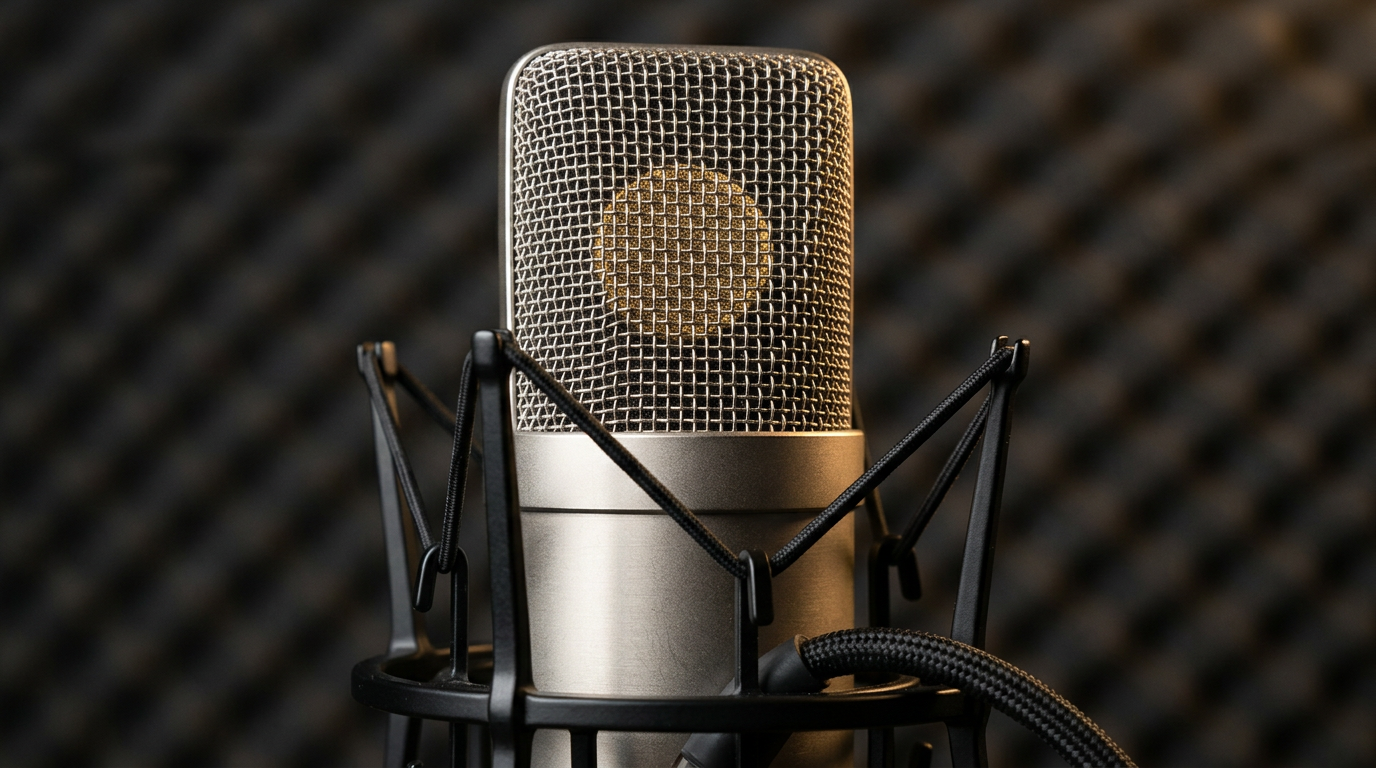 The image captures a close-up view of a large-diaphragm condenser microphone, showcasing its intricately woven stainless steel grille and warm gold diaphragm subtly visible through the mesh. The microphone is supported by a shock mount, and the background features an acoustic foam panel that enhances the professional aesthetic of the composition.